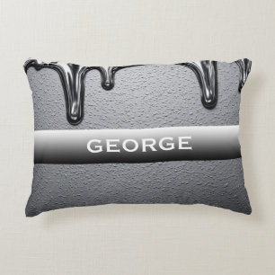 Custom Chrome Dripping Name Glossy Silver Minimal Accent Pillow