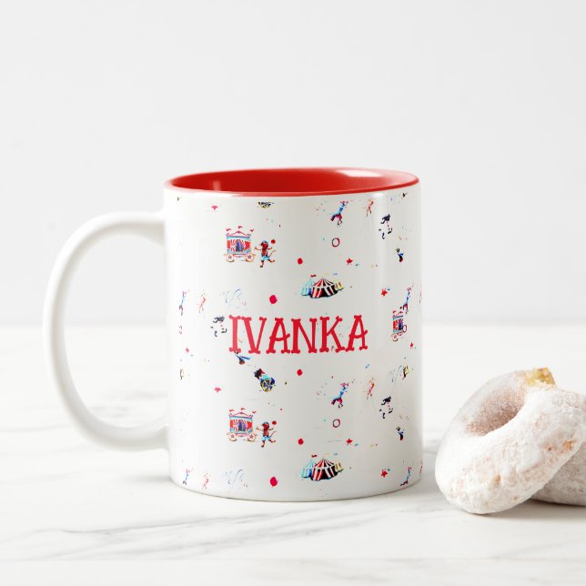 custom circus inspired carnival big top fair Two-Tone coffee mug (With Donut)