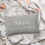 Custom City Coordinates Throw Pillow | Grey<br><div class="desc">Show your love for your hometown or current city with our custom coordinates lumbar throw pillow. Shown for Napa, California, our neutral gray and white pillow features your city name and latitude and longitude in white vintage typewriter lettering. Enter your city name and coordinates using the fields provided, or use...</div>