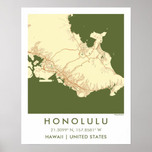 Custom City Map Honolulu Hawaii Wall Art Poster