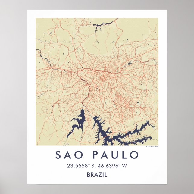 Custom City Map Sao Paulo Brazil Wall Art Poster (Front)