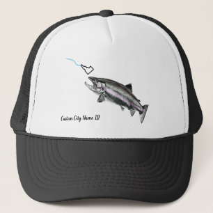 CUSTOM CITY NAME STEELHEAD HERE FISHY FISHY STK ID TRUCKER HAT