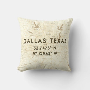 Custom City State Map & Coordinates   Dallas TX Throw Pillow