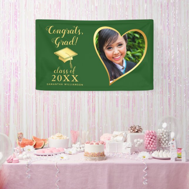 Custom Class 2025 Grad Photo Green Gold Graduation Banner (Party)