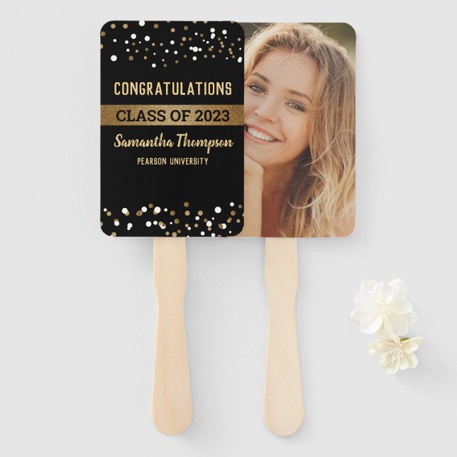 Custom Class of 2023 gold black Graduate photo  Hand Fan (Front and Back)