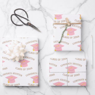 Custom Class of 20xx Pink Graduation Cap Gift Wrapping Paper Sheet