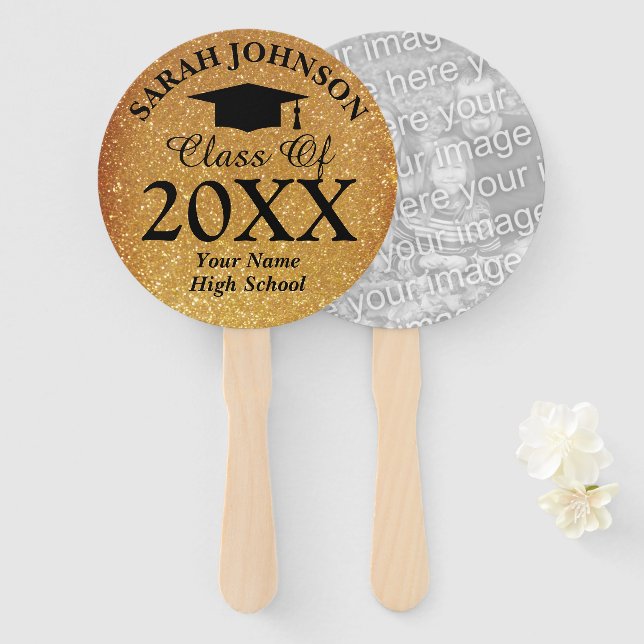 Custom class of high school graduation party photo hand fan (Front and Back)