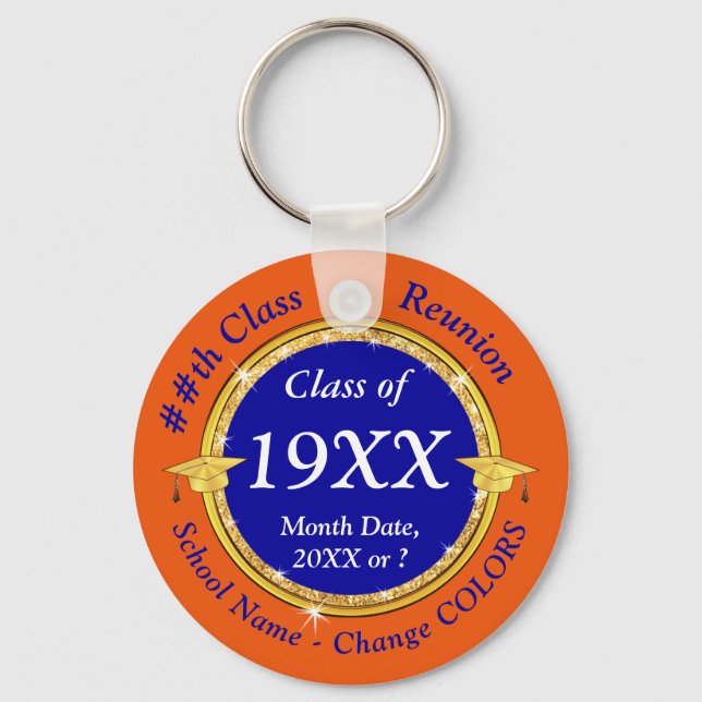 Custom, Class Reunion Favours, Orange, Blue, White Keychain (Front)