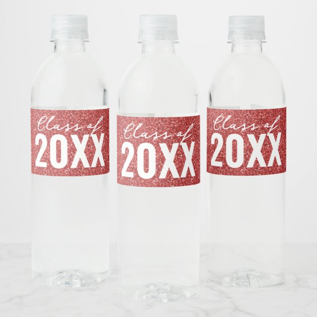 Custom Class Year Red Glitter Water Bottle Label (Bottles)