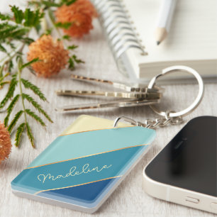 Custom Classic Cute Blue Teal Green Yellow Stripes Keychain