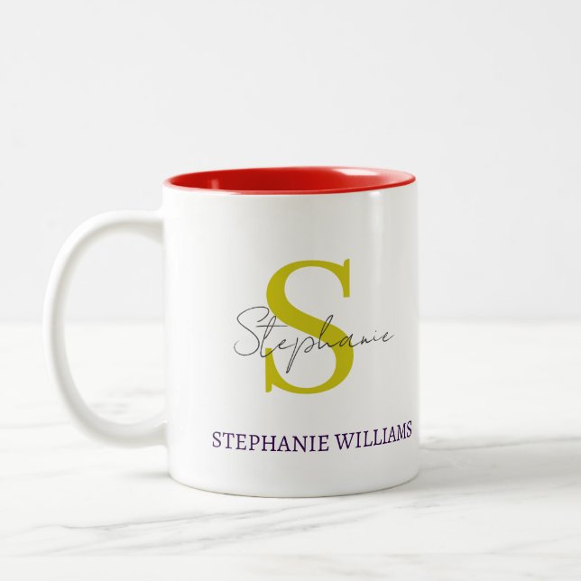 Custom Classic Elegant Black White Script Name Two-Tone Coffee Mug (Left)