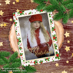 Custom Classic Green Holly Red Berries Gold Foil Holiday Postcard