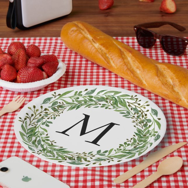 Custom Classic Green Laurel Wreath Leaves Pattern Paper Plate (Picnic)