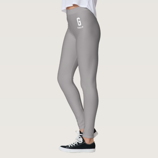 Custom Classic Heather Grey Cute White Monogram Leggings (Left)