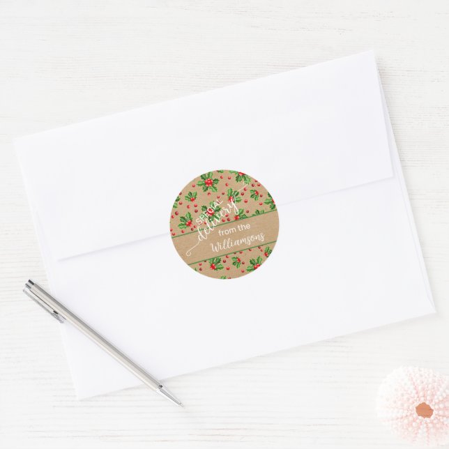 Custom Classic Holiday Green Holly Red Berries Classic Round Sticker (Envelope)