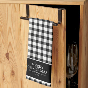 Custom Classic Merry Christmas Black Gingham Plaid Kitchen Towel