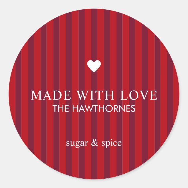 Custom Classic Red Made With Love Heart Round Sticker (Front)