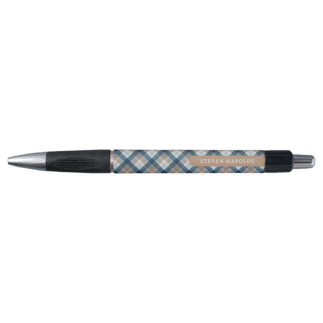Custom Classy Beige Brown Blue White Plaid Pattern Pen (Front)