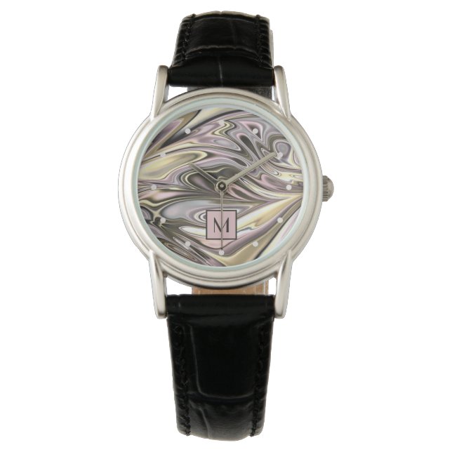 Custom Classy Pink Silver Grey Marbled Pattern Watch (Front)
