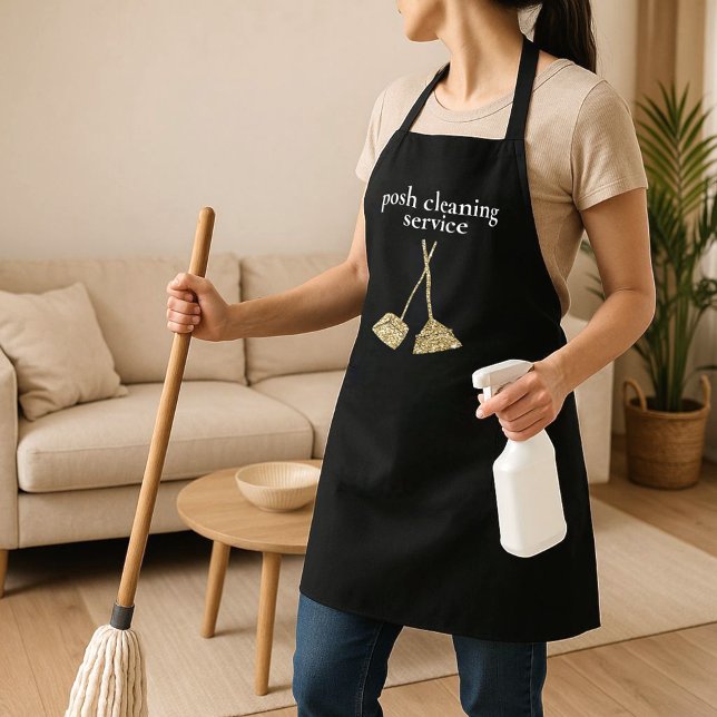 Custom Cleaning Service Name Black & Gold Glitter Apron (Creator Uploaded)