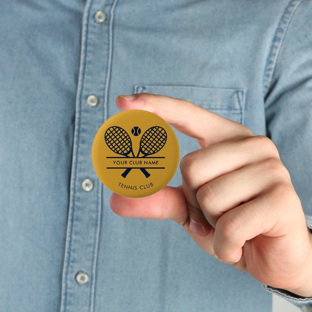 Custom Club Name Lawn Tennis Icons Sports 2 Inch Round Button (Lawn Tennis Racket Motif Navy Blue and Gold Custom Button)