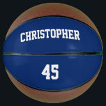 Custom Club Team Player Name Number Monogrammed<br><div class="desc">Create your own custom, personalized, white elegant stylish typography / script / text / name on darj navy blue background, regulation size, hand stitched basketball. Simply enter the player / team / club / school / college / event / tournament name, and player jersey number, to customize. While you add...</div>