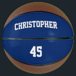 Custom Club Team Player Name Number Monogrammed Basketball<br><div class="desc">Create your own custom, personalized, white elegant stylish typography / script / text / name on darj navy blue background, regulation size, hand stitched basketball. Simply enter the player / team / club / school / college / event / tournament name, and player jersey number, to customize. While you add...</div>