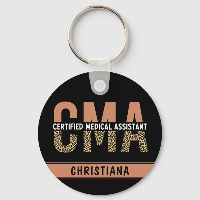 Custom CMA Certified Medical Assistant Leopard Keychain (Front)