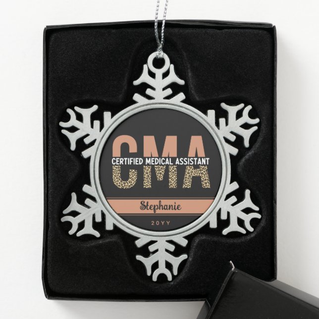 Custom CMA Certified Medical Assistant Leopard Snowflake Pewter Christmas Ornament (Box)