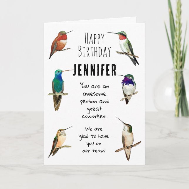 Custom Co-worker Happy Birthday Hummingbirds Card (Front)