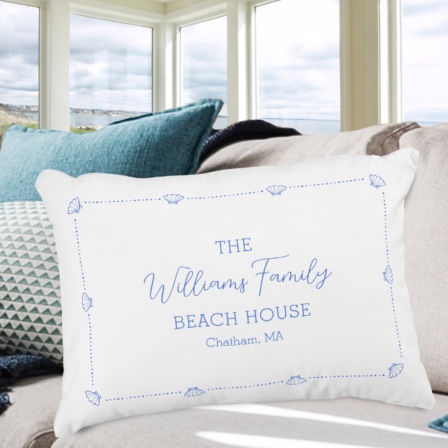 Custom Coastal Beach House Family Name Blue Shell Accent Pillow (Creator Uploaded)