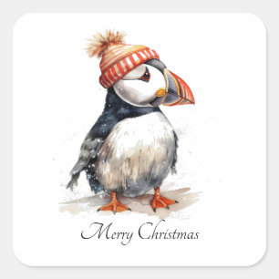 Custom Coastal Christmas Puffin Winter Knit Hat Square Sticker