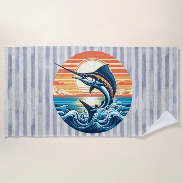 Custom Coastal/nautical/beach marlin sunset Beach Towel (Front)
