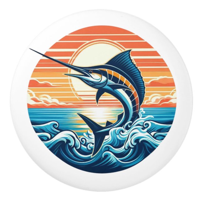 Custom Coastal/nautical/beach marlin sunset Ceramic Knob (Front)