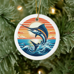 Custom Coastal/nautical/beach marlin sunset Ceramic Ornament