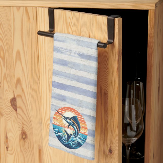 Custom Coastal/nautical/beach marlin sunset Kitchen Towel (Thirds Fold)