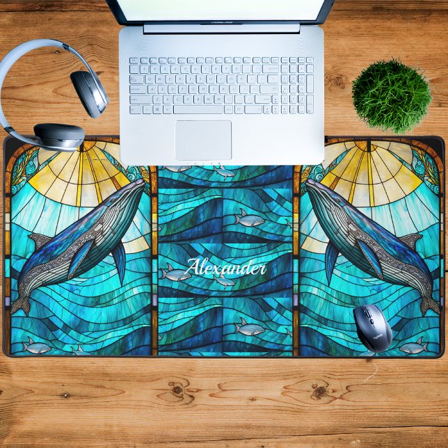 Custom Coastal Tropical Blue Whale Yellow Sunset   Desk Mat (Creator Uploaded)