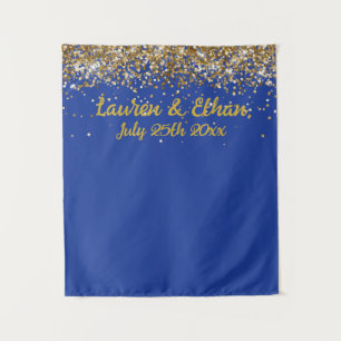 Custom Cobalt and Gold Glitter Wedding Photo Booth Tapestry