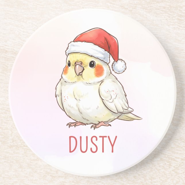 Custom Cockatiel Wearing Santa Hat Coaster (Front)
