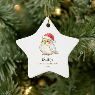 Custom Cockatiel Wearing Santa Hat First Christmas Ceramic Ornament