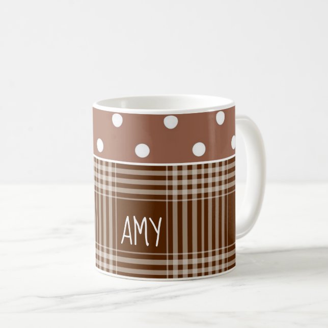 Custom Coffee Brown Dots & Chocolate Plaid Mug (Front Right)