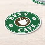 Custom coffee cup and beans logo drink coasters<br><div class="desc">Custom coffee cup and beans logo drink coasters. Great for cafe,  bar,  pub,  restaurant,  office,  company,  business,  shop,  store,  wedding,  party,  birthday,  barrista,  employee,  staff,  personnel etc. Available in round and other shapes. Green and brown colours. Change quantity to get the cheap bulk price.</div>
