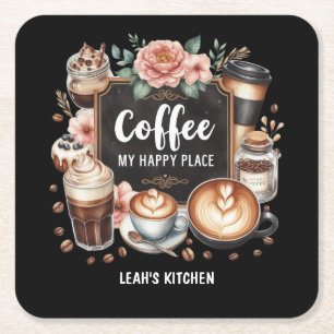 ☕Custom Coffeecore Kitchen Cafe Coffee Happy Place Square Paper Coaster