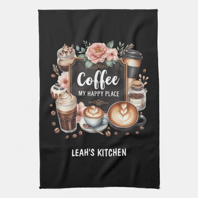 ☕Custom Coffeecore Kitchen Cafe Coffee Happy Place Towel (Vertical)