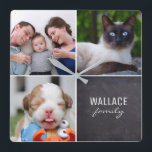 Custom Collage 4 Photos, Personalized, chalked Square Wall Clock<br><div class="desc">Personalize this wall clock with their treasured photos and update the family name. Enjoy the compliments in giving such a thoughtful gift.</div>