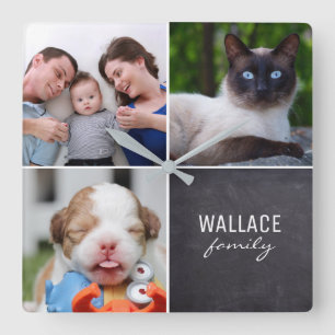Custom Collage 4 Photos, Personalized, chalked Square Wall Clock