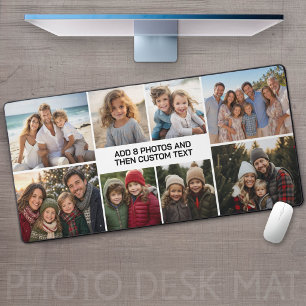Custom Collage 8 Photo - white with black text Desk Mat