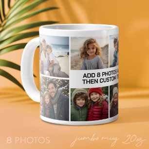 Custom Collage 8 Photo - white with black text Large Coffee Mug