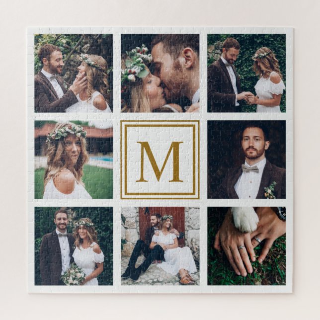 Custom Collage 8 Wedding Photo Gold Monogram Jigsaw Puzzle (Vertical)