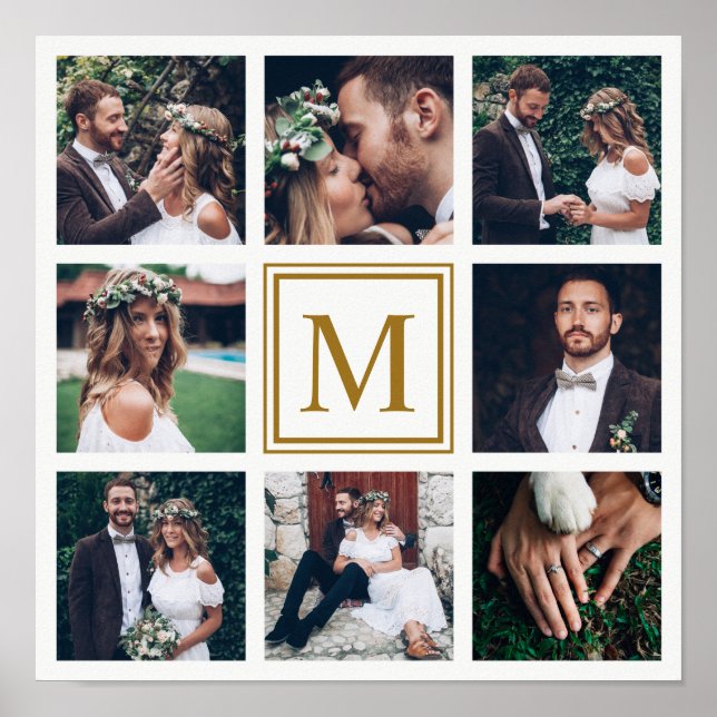 Custom Collage 8 Wedding Photo Gold Monogram Poster (Front)